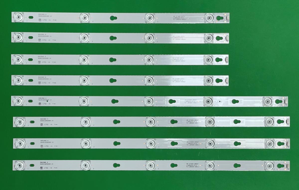 Zestaw listew LED do naprawy podświetlenia telewizora TCL 50" zestaw 8 sztuk  , 4szt X 50D2900 A , 50HR330M05A9 V4,  5LED & 4szt X 50D2900 B , 50HR330M04B9 , 4LED , 4C-LB5004-HR01J 4C-LB5005-HR01J