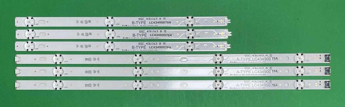 Zestaw listew LED do naprawy podświetlenia telewizora LG 43"  zestaw 6szt , 3szt X  A-TYPE LC43490075A SSC_43LJ55_A_S / SSC_43UJ63_A & 3szt X B-TYPE LC43490076A SSC_43LJ55_B_S / SSC_43UJ63_B