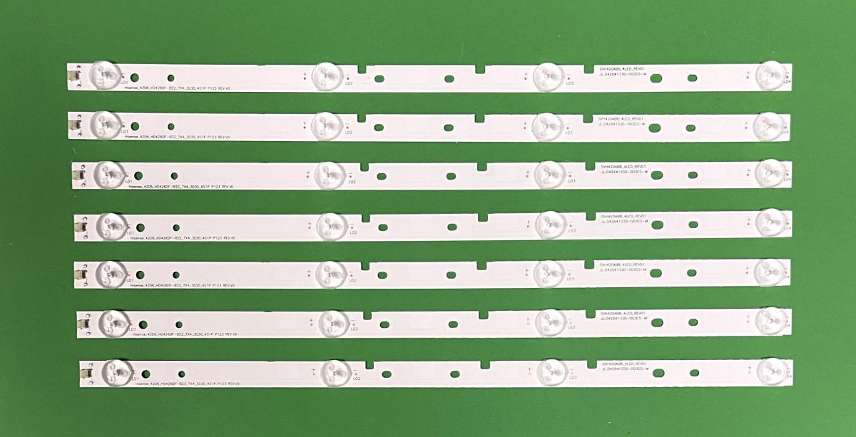 Zestaw listew LED do naprawy podświetlenia telewizora HISENSE 42" zestaw 7szt X SVH420AB2 / SVH420AB3 / SVH420AA7_4LED , Hisense_42D6_HD42DF-B22_7X4_3030_4S1P P123 REV.V0 , JL.D42641330-003SC-M JL.D42641330-003LS-M_V01 , 4LED , 775MM ,