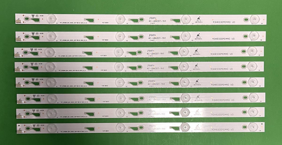 Zestaw listew LED do naprawy podświetlenia telewizora TCL 43" zestaw 8szt X 43HR330M04A0 V0 4C-LB430T-YH1 , TOT_43F2800_8X4_3030_4S1P REV.V2 , 4LED , 6V , 420MM