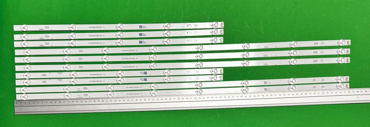 Zestaw listew LED do naprawy podświetlenia telewizora VESTEL 65"  zestaw 10 sztuk , 2szt x RF-CF650001AE30-0801 & 3szt x RF-CF650001CE30-0801 & 3szt x  RF-CF650001DE30-0501 & 2szt x RF-CF650001BE30-0501 , białe światło ,