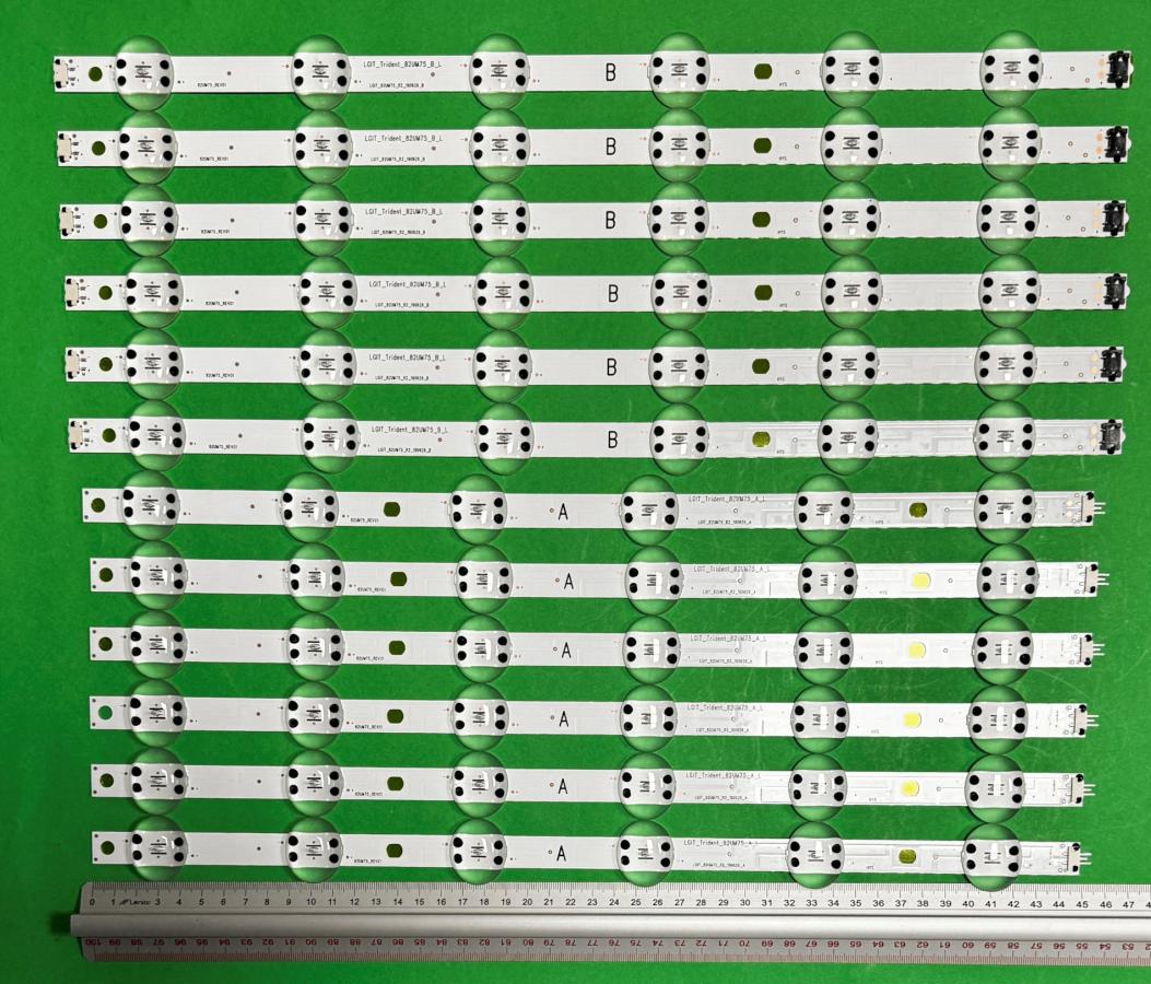 Zestaw listew LED do naprawy podświetlenia telewizora LG 82" zestaw 12szt , 6szt X Y19.5 82UM75_A_S Y19.5 82UM75_A_REV00_191217 EAV6499640 , 449MM , 6LED & 6szt X Y19.5 82UM75_B_S Y19.5 82UM75_B_REV00_191217 EAV64996501 , 6LED , 468MM , 6V ,