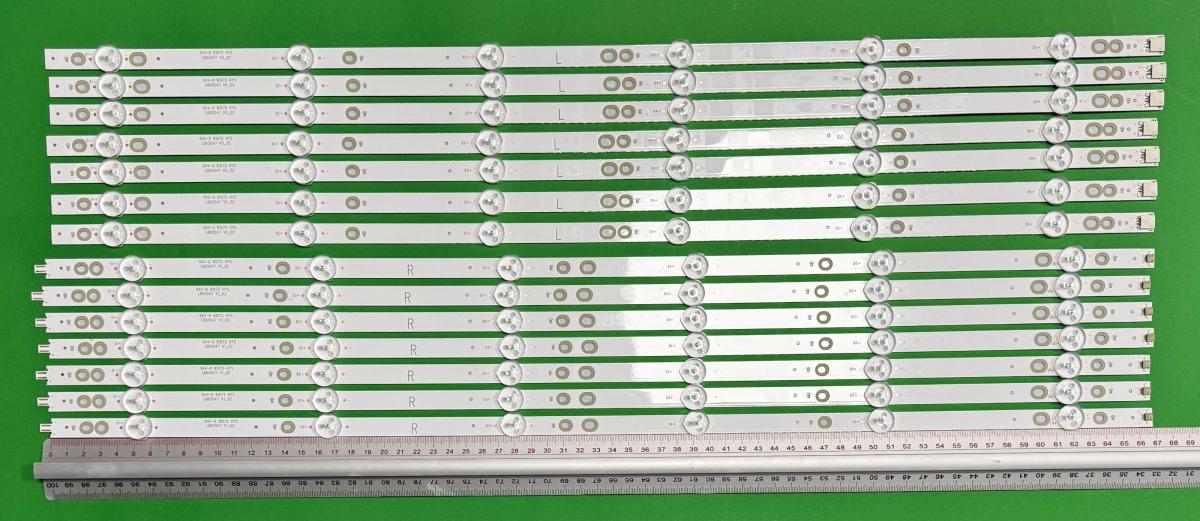 Zestaw listew LED do naprawy podświetlenia telewizora PHILIPS 65" zestaw 14szt , 7szt X LB65047 V0_02 LB-PM3030-GJCD657X12AEU2-R-T , 675MM , 6LED , 3V  & 7szt X LB65047 V1_02 LB-PM3030-GJCD657X12AEU2-L-T , 663MM , 66LED , 3V , PHILIPS PART NUMBER : 705TLB65B3030P01L ,