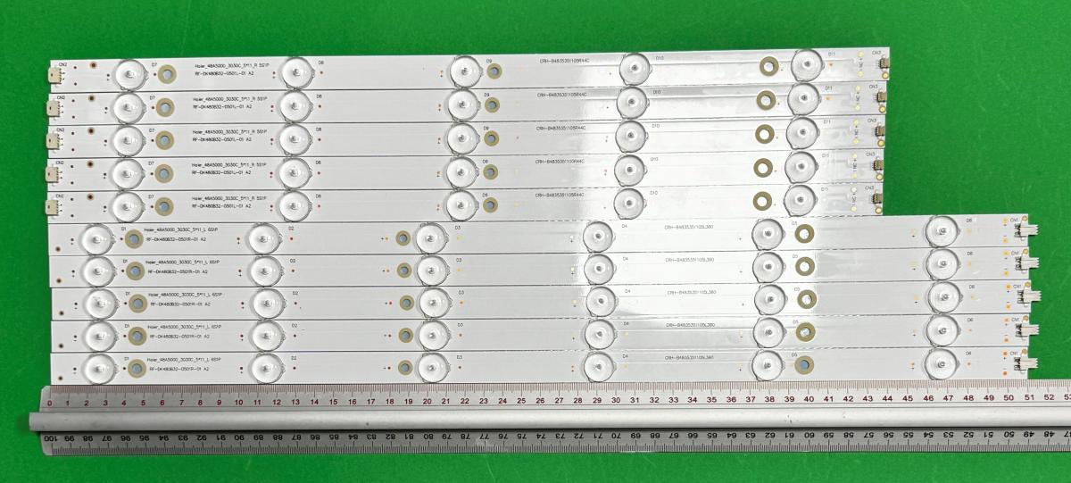 Zestaw listew LED do naprawy podświetlenia telewizora HAIER 48" zestaw 10szt , 5szt X RF-DK480B32-0501L-01 A2 CRH-B4835351105L380REV1.1C ,  5LED , 437MM , 3V & 5szt X RF-DK480B32-0601R-01 A2 6LED CRH-B4835351105R380REV1.1C , 6LED , 511MM , 3V ,