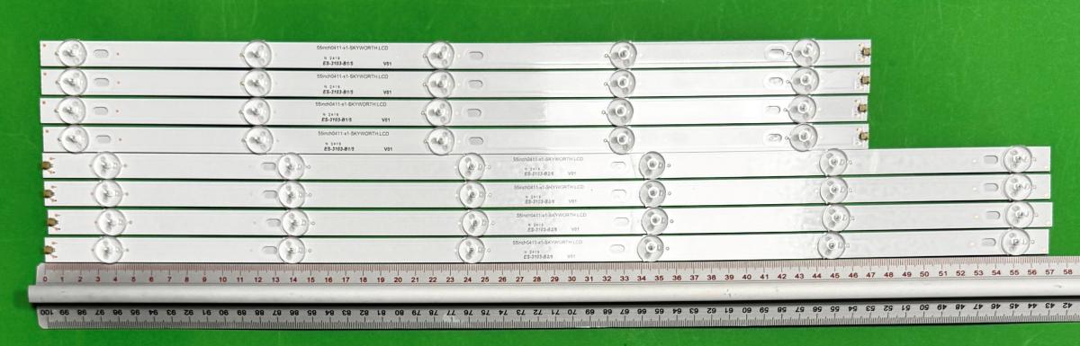 Zestaw listew LED do naprawy podświetlenia telewizora  SKYWORTH / AXEN 55" zestaw 8szt , 4szt x YAL13-00530300-80 B1 , 5LED , 468MM , 3V & 4szt X YAL-00630300-81 B2 , 6LED , 571MM , 3V , 55inch0411-X1-SKYWORTH.LCD YS-L E469119 ,