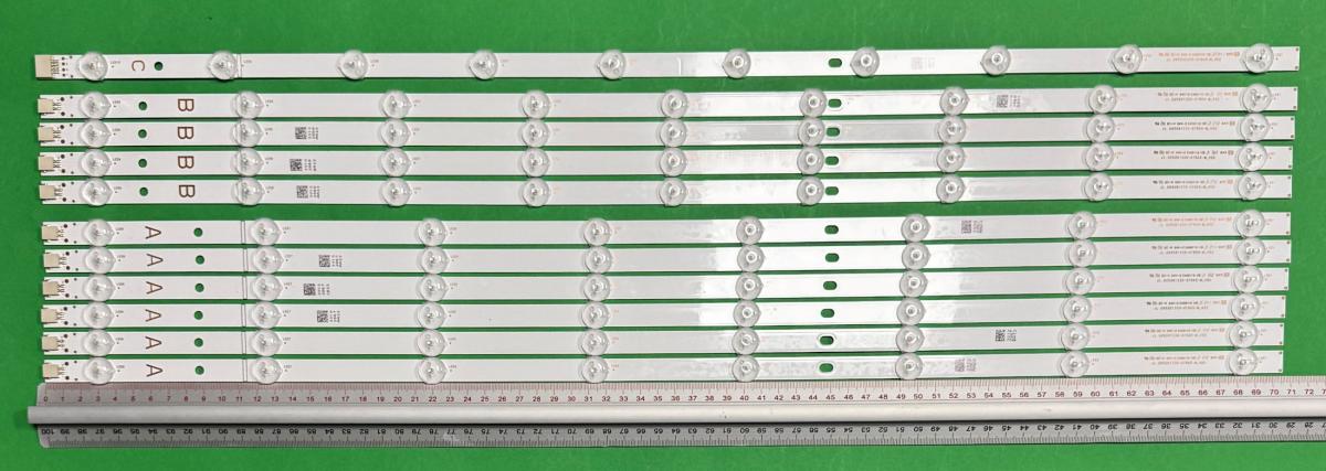Zestaw listew LED do naprawy podświetlenia telewizora  VESTEL 65" zestaw 11 szt , 6szt X JL.D65081330-078AS-M_V02 A 8LED & 4szt X JL.D65091330-078AS-M_V02 B 9LED & 1szt X JL.D65052330-078AS-M_V02 C 10 LED , 707MM , 3V ,